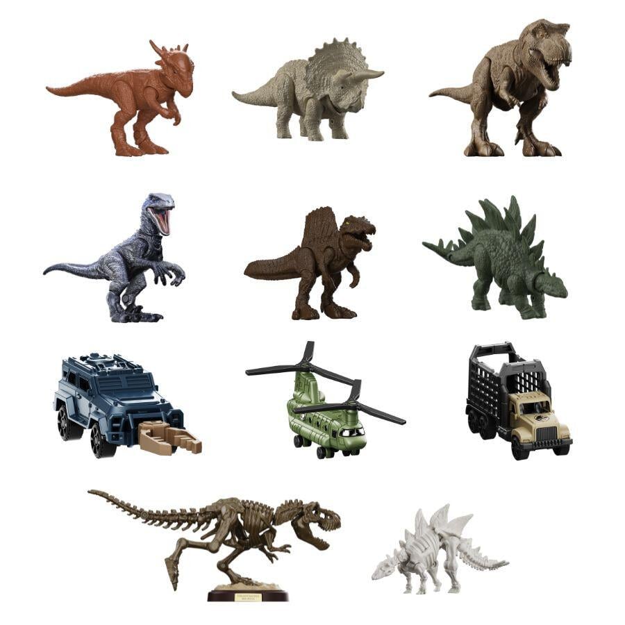 Assortment of miniature dinosaur toy figures and vehicles, including T-Rex, Triceratops, a truck, and a helicopter