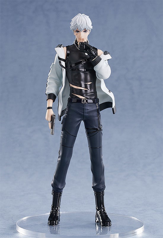 Figure of a male anime character with white hair and black leather outfit holding a gun