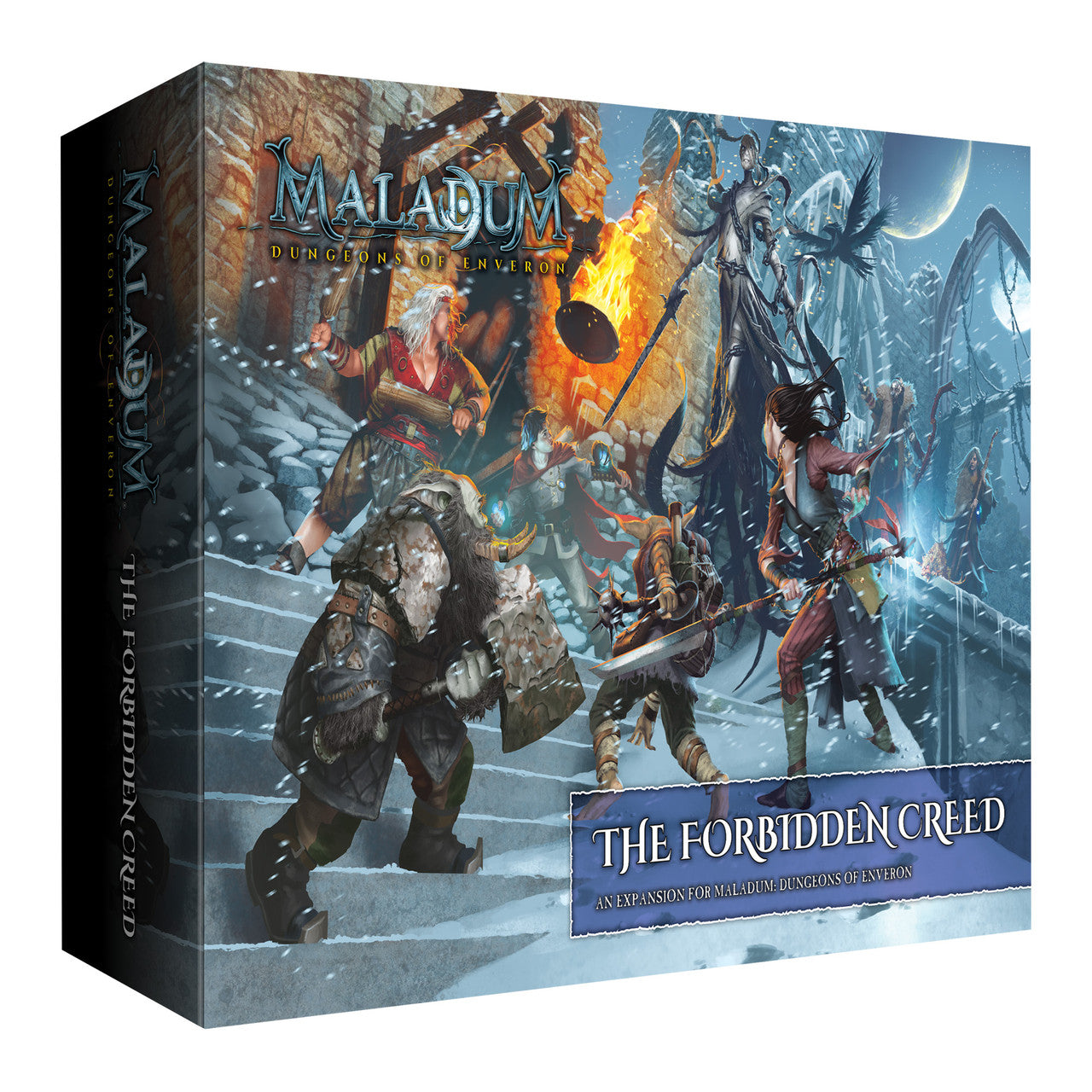 Maladum: The Forbidden Creed box shows fantasy heroes fighting monsters, including a tall skeletal figure, on snowy steps.