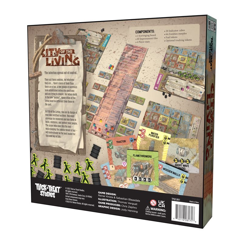Back of a box for the board game City of the Living The box shows game components setup and rulebook with zombie figures