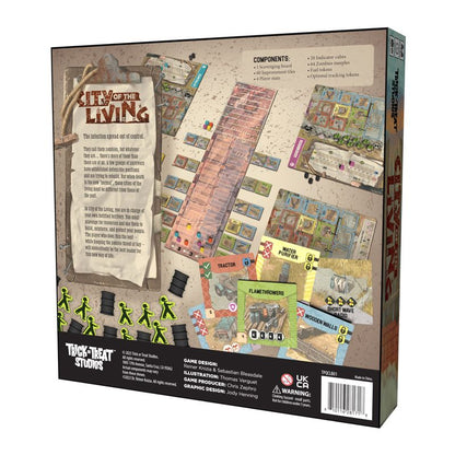 Back of a box for the board game City of the Living The box shows game components setup and rulebook with zombie figures