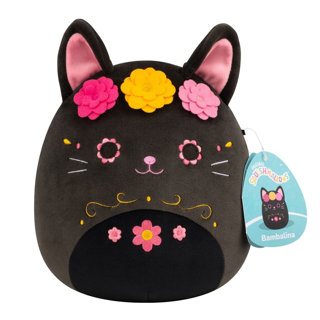 This Bambalina Squishmallow plush features a black cat body detailed with pink and yellow Day of the Dead floral embroidery and includes the original Squishmallows hang tag