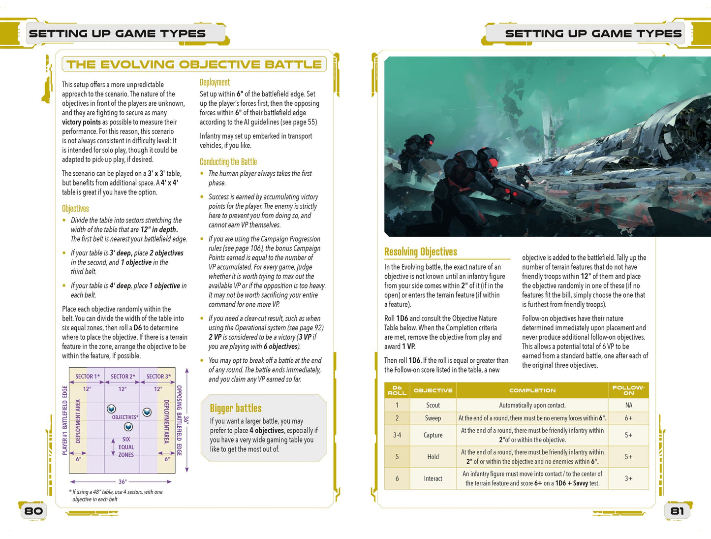 Futuristic armored soldiers advance through a ruined landscape with a destroyed spaceship
