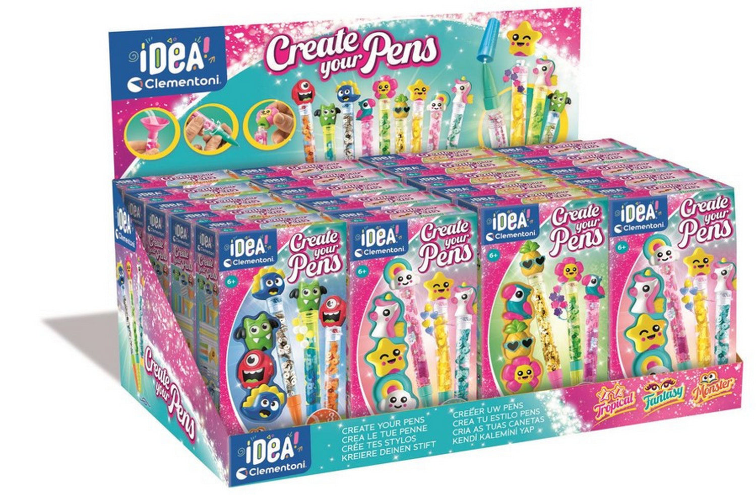 Clementoni "Create your Pens" display box with craft kits to make colorful pens topped with monsters, unicorns, stars, and fruit