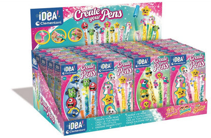 Clementoni "Create your Pens" display box with craft kits to make colorful pens topped with monsters, unicorns, stars, and fruit