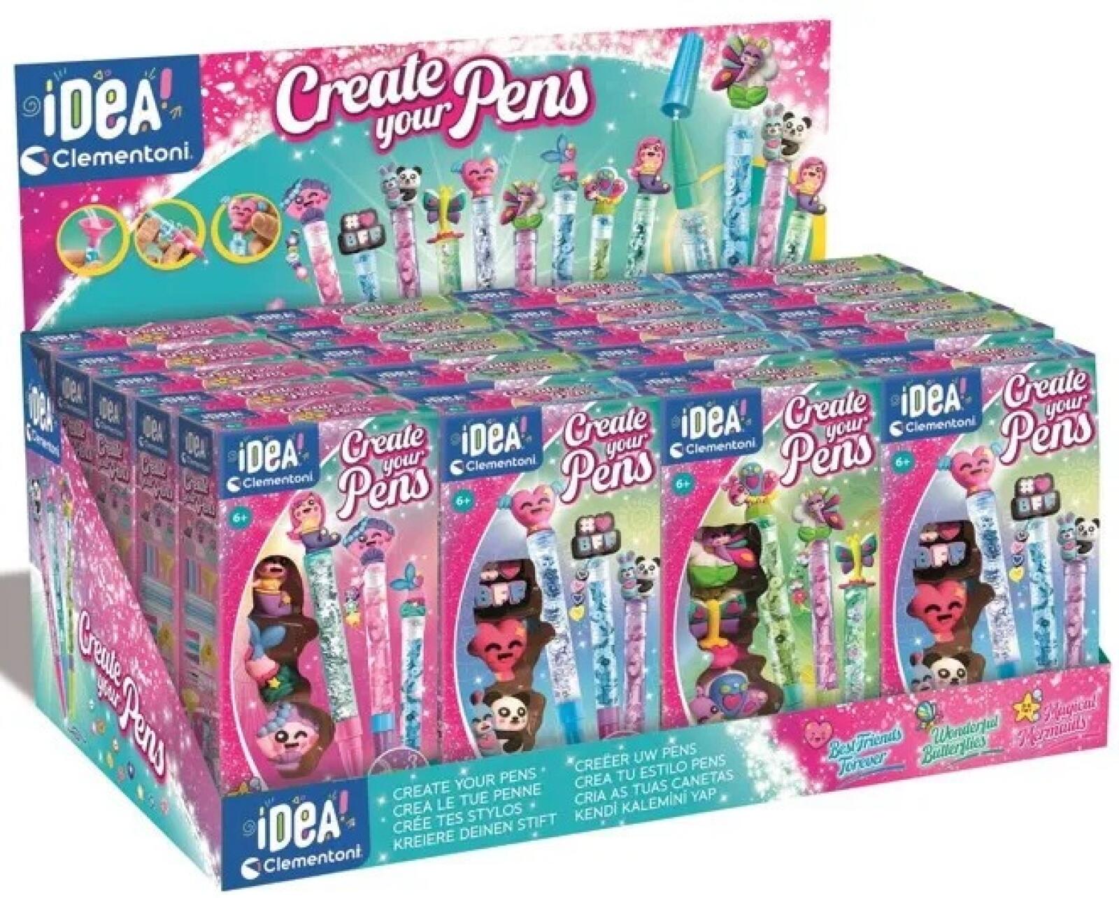 A large display box filled with many "iDEA! Create your Pens" craft kits, featuring colorful pens with character toppers