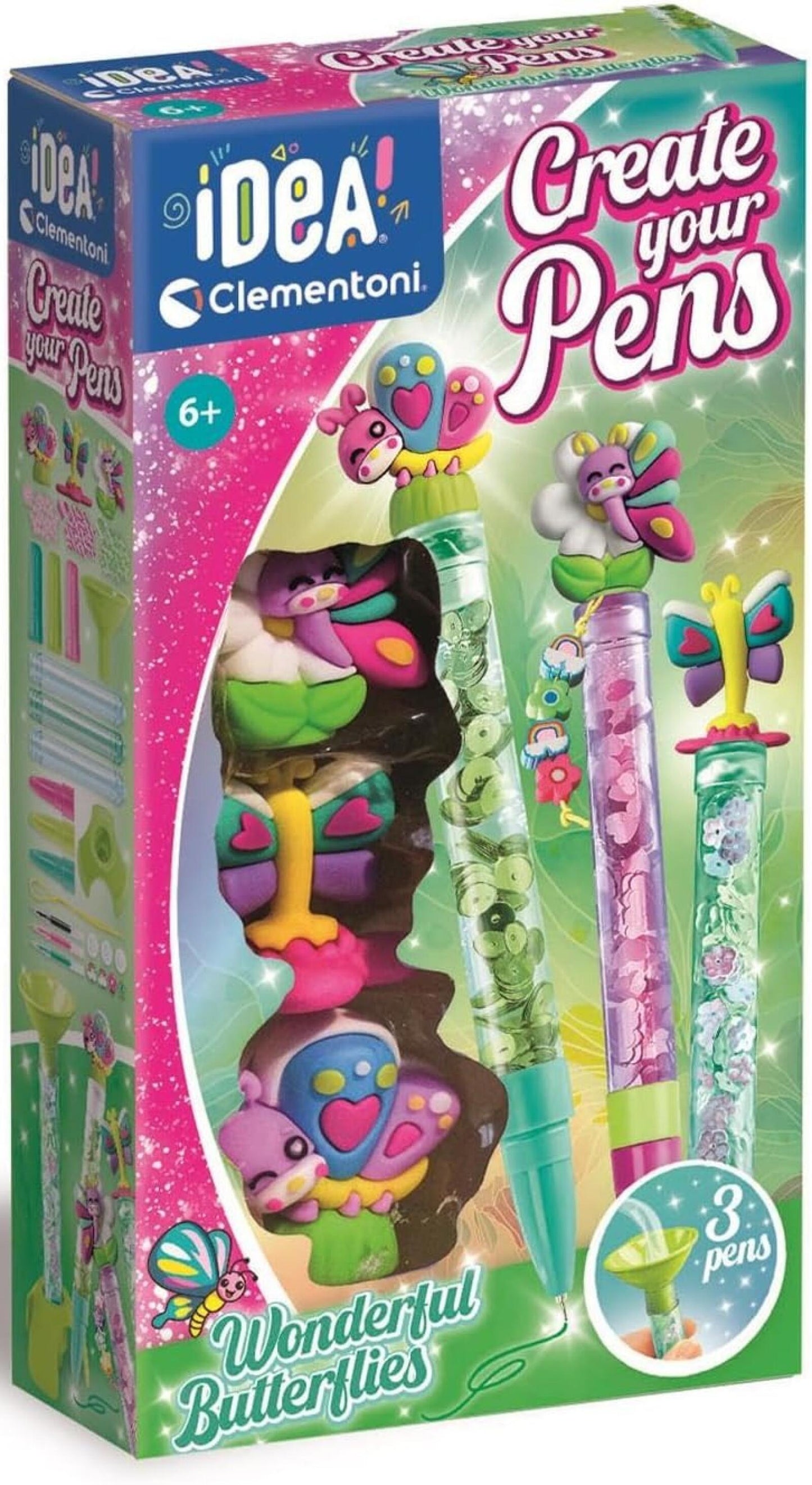 A colorful Clementoni "Create your Pens" kit box, showcasing three decorative pens with butterfly/flower tops and glitter fillings