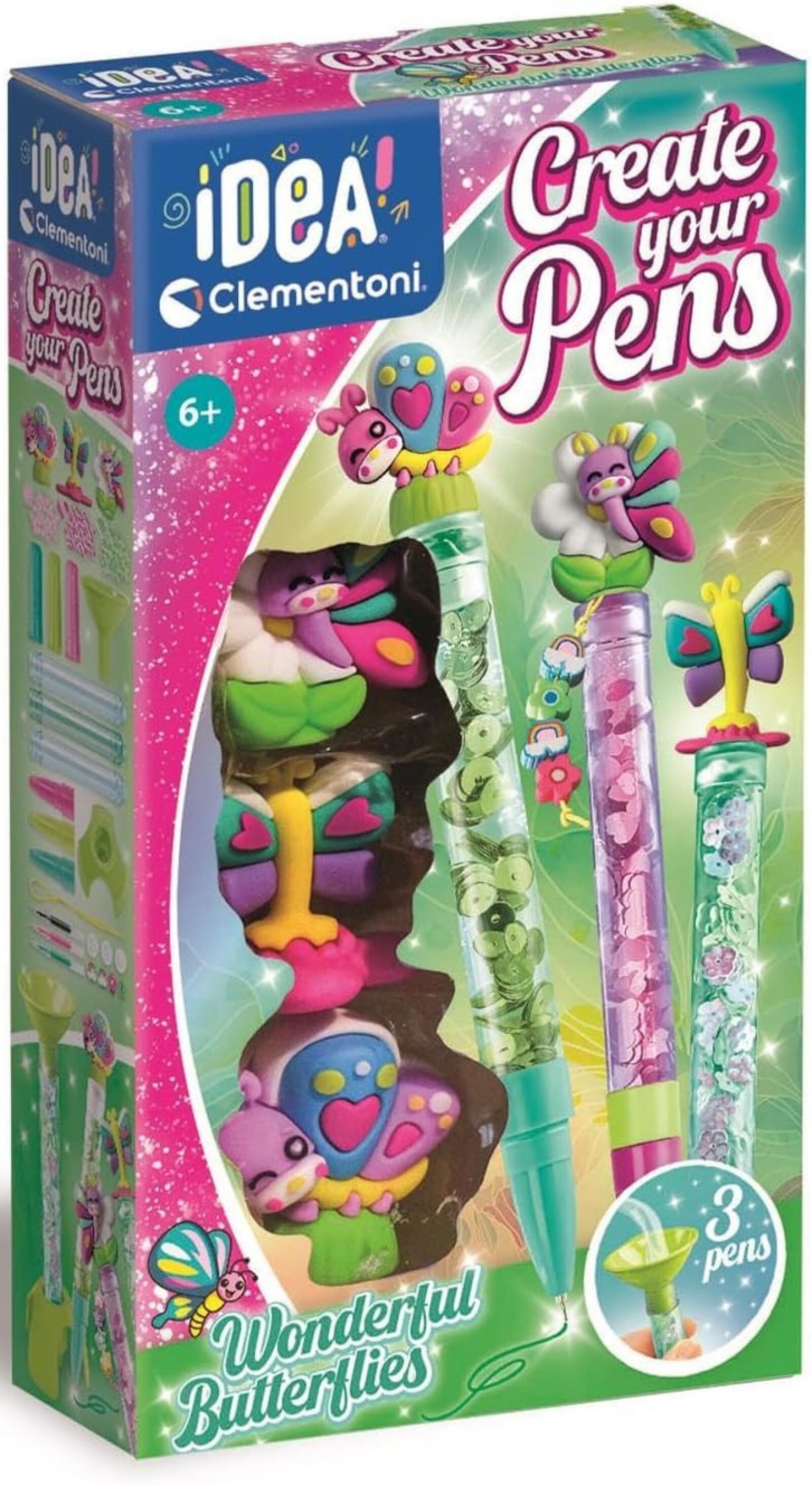 A colorful Clementoni "Create your Pens" kit box, showcasing three decorative pens with butterfly/flower tops and glitter fillings