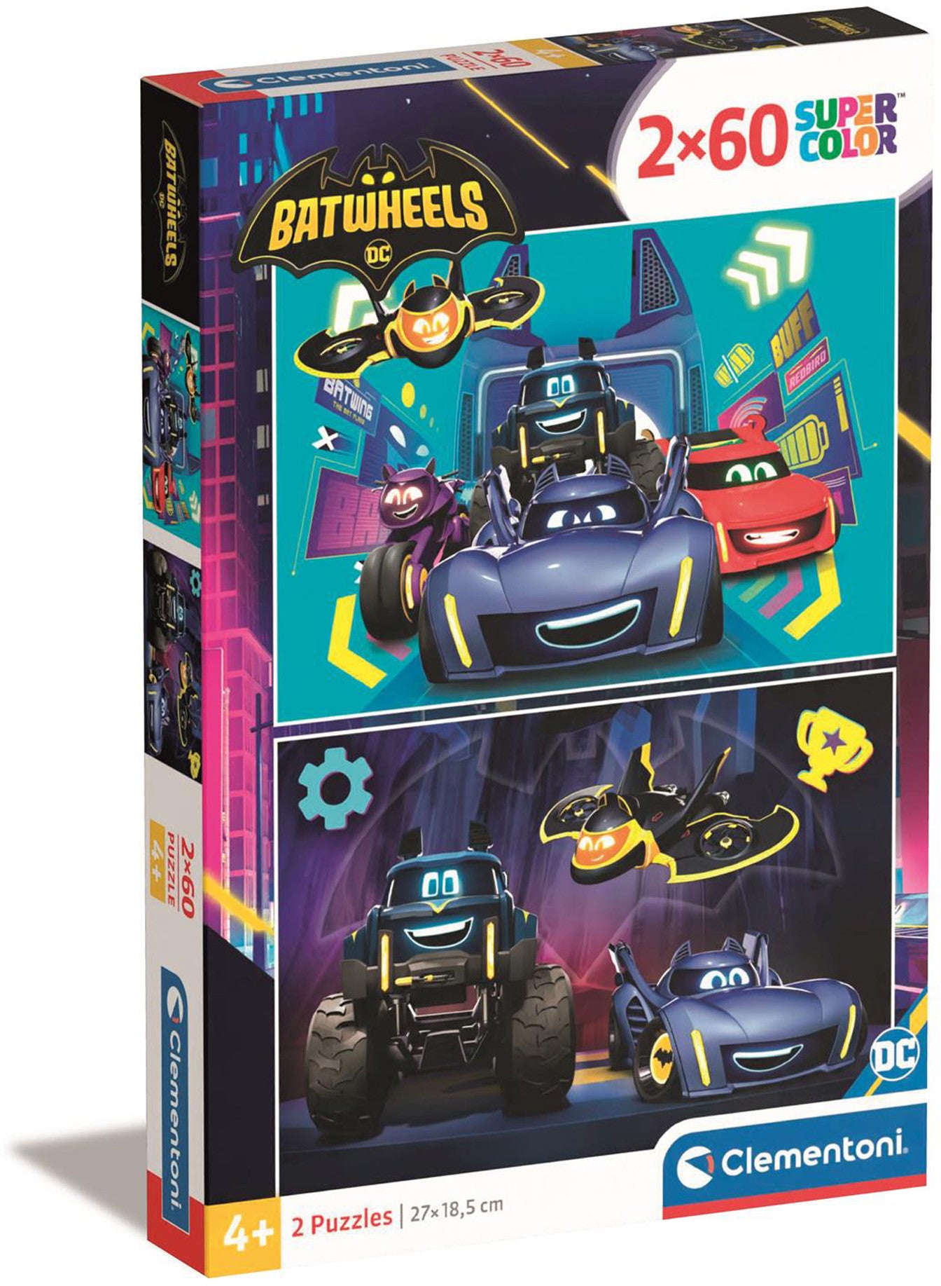 Clementoni Batwheels 2x60-piece jigsaw puzzle box featuring Batwheels vehicles