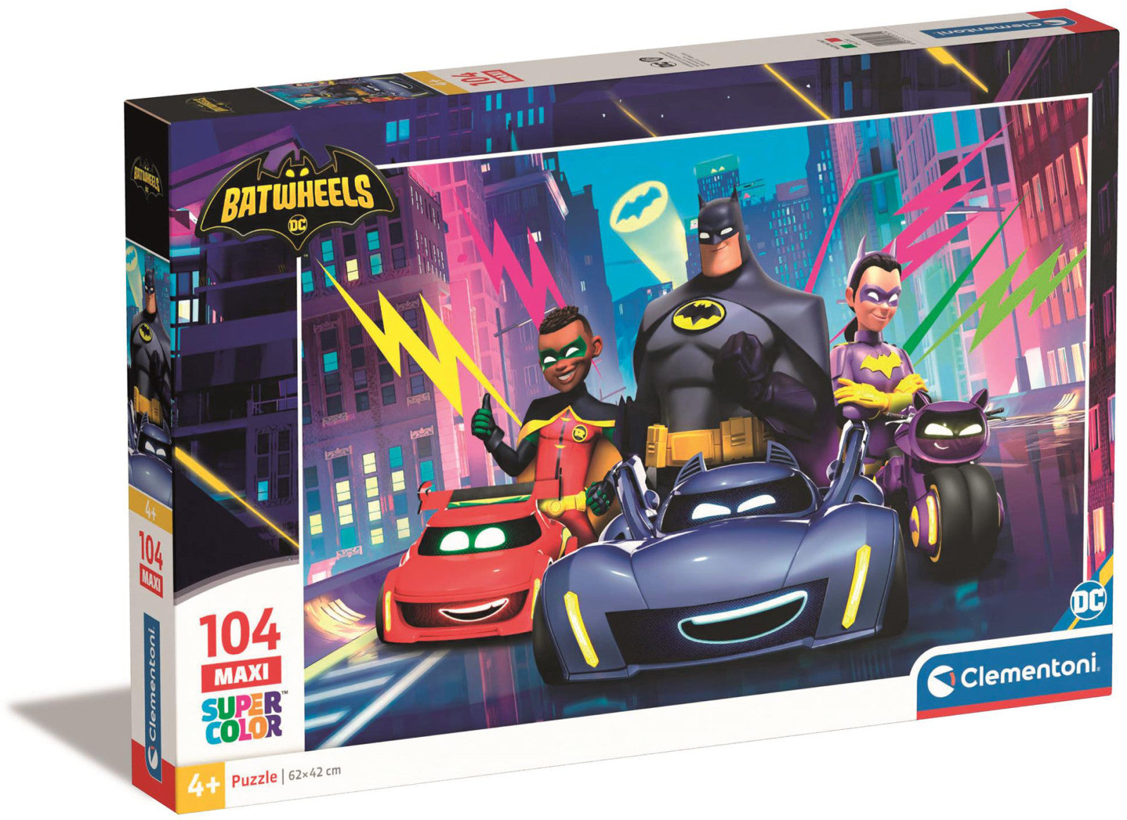 Clementoni 104 piece maxi puzzle featuring Batwheels characters Batman, Robin, Batgirl, Bam, Redbird and Bibi in a city scene.