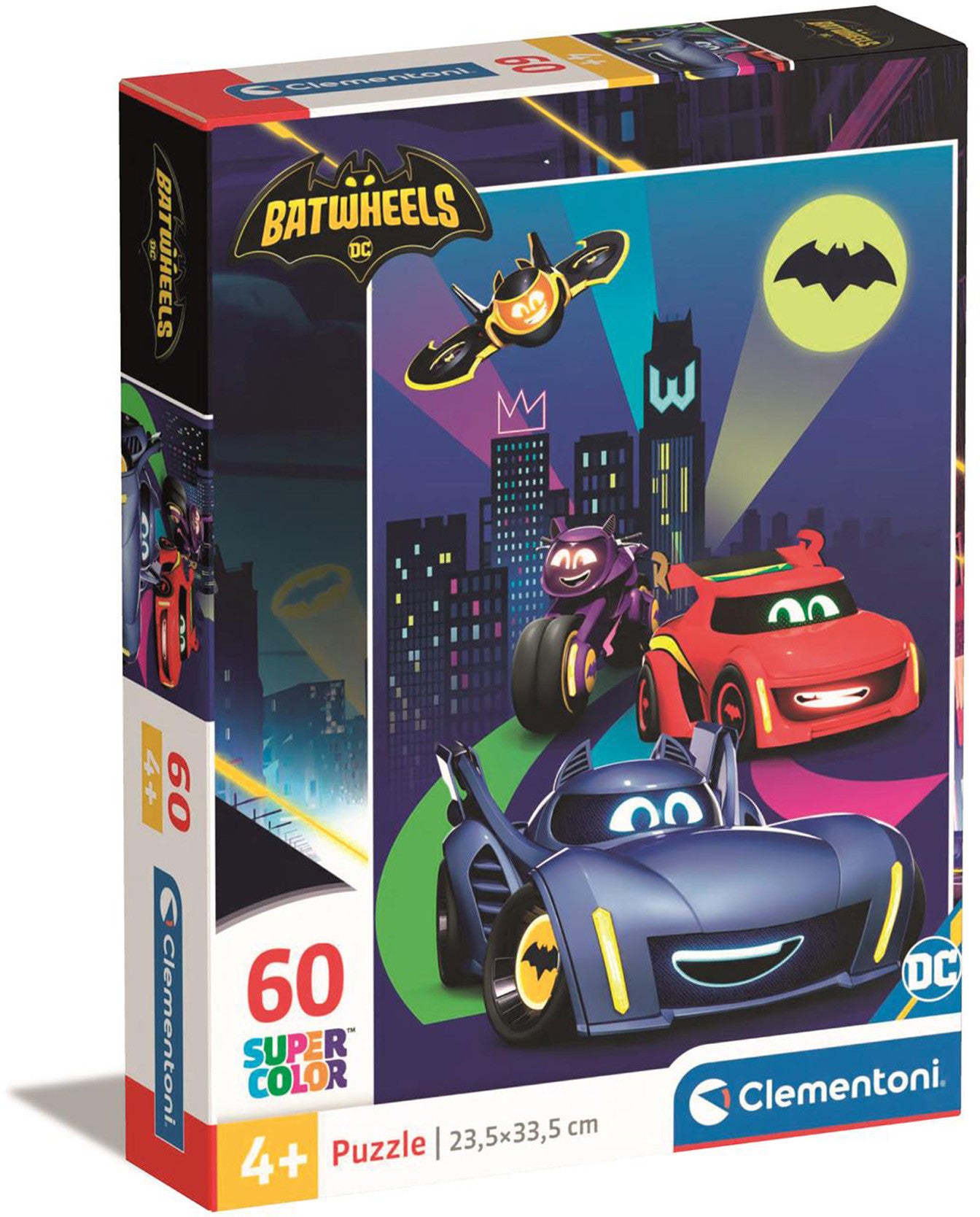 Clementoni Batwheels 60-piece Supercolor puzzle with Batmobile, Batcycle, and Batwing vehicles against a cityscape at night