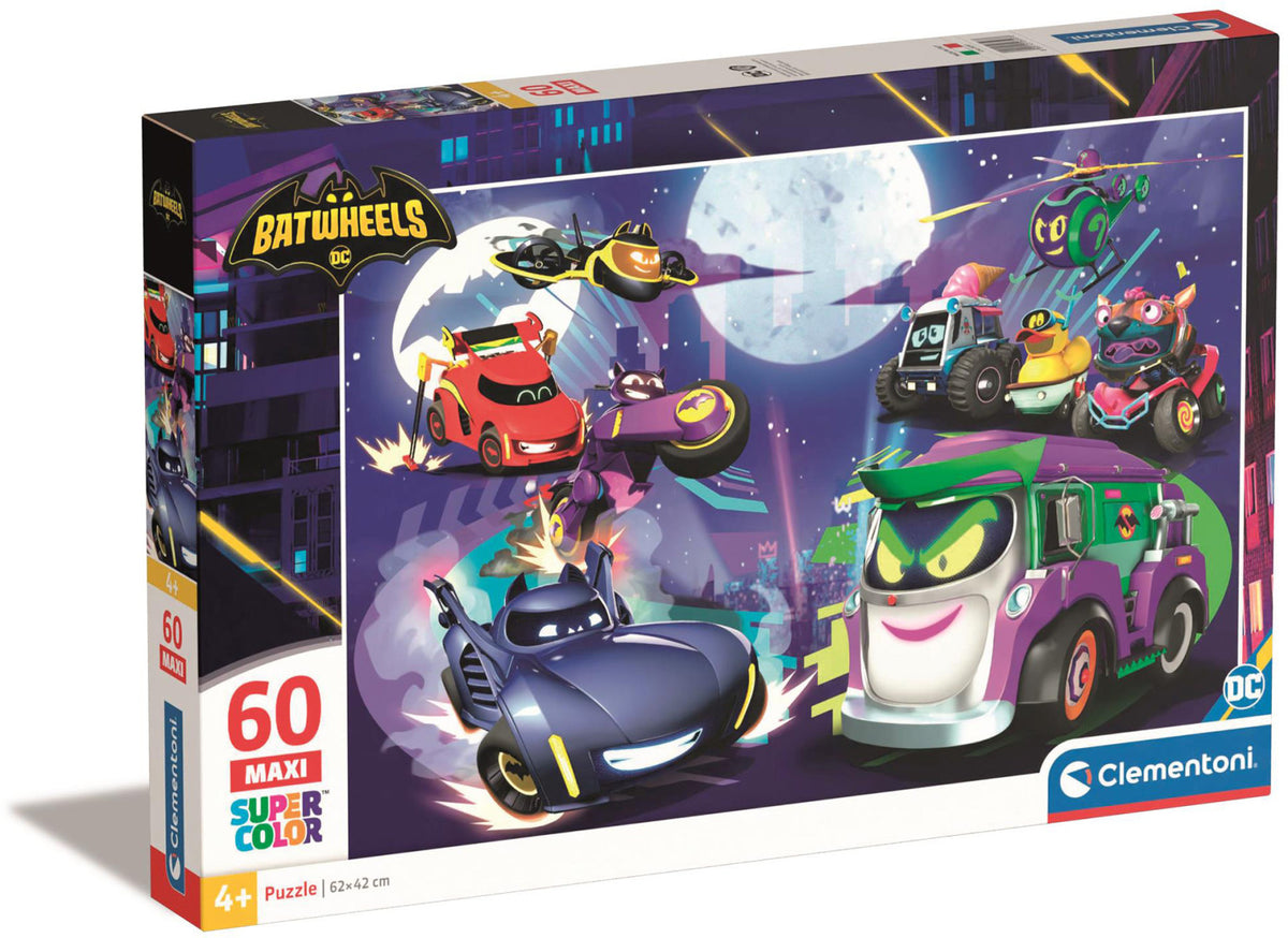 Clementoni Maxi Batwheels 60 piece puzzle box with characters zooming around the city