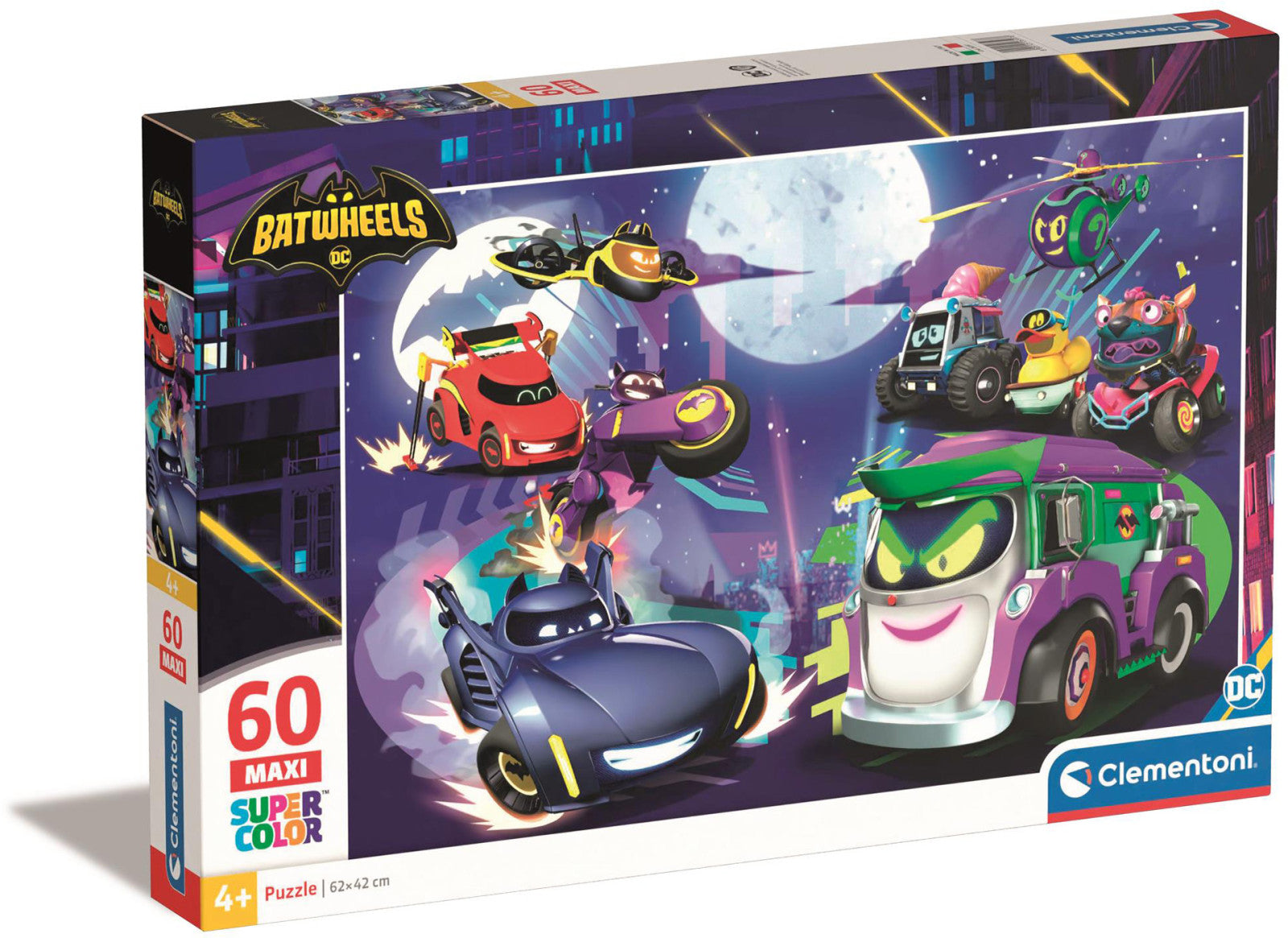 Clementoni Maxi Batwheels 60 piece puzzle box with characters zooming around the city