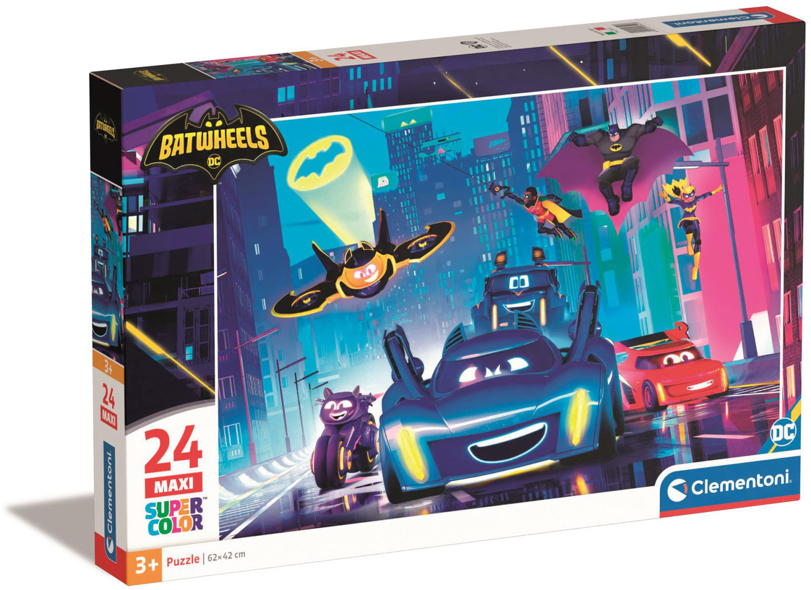 Clementoni Maxi Batwheels 24-piece puzzle 62x42 cm showing Batwheels characters and Bat-Signal
