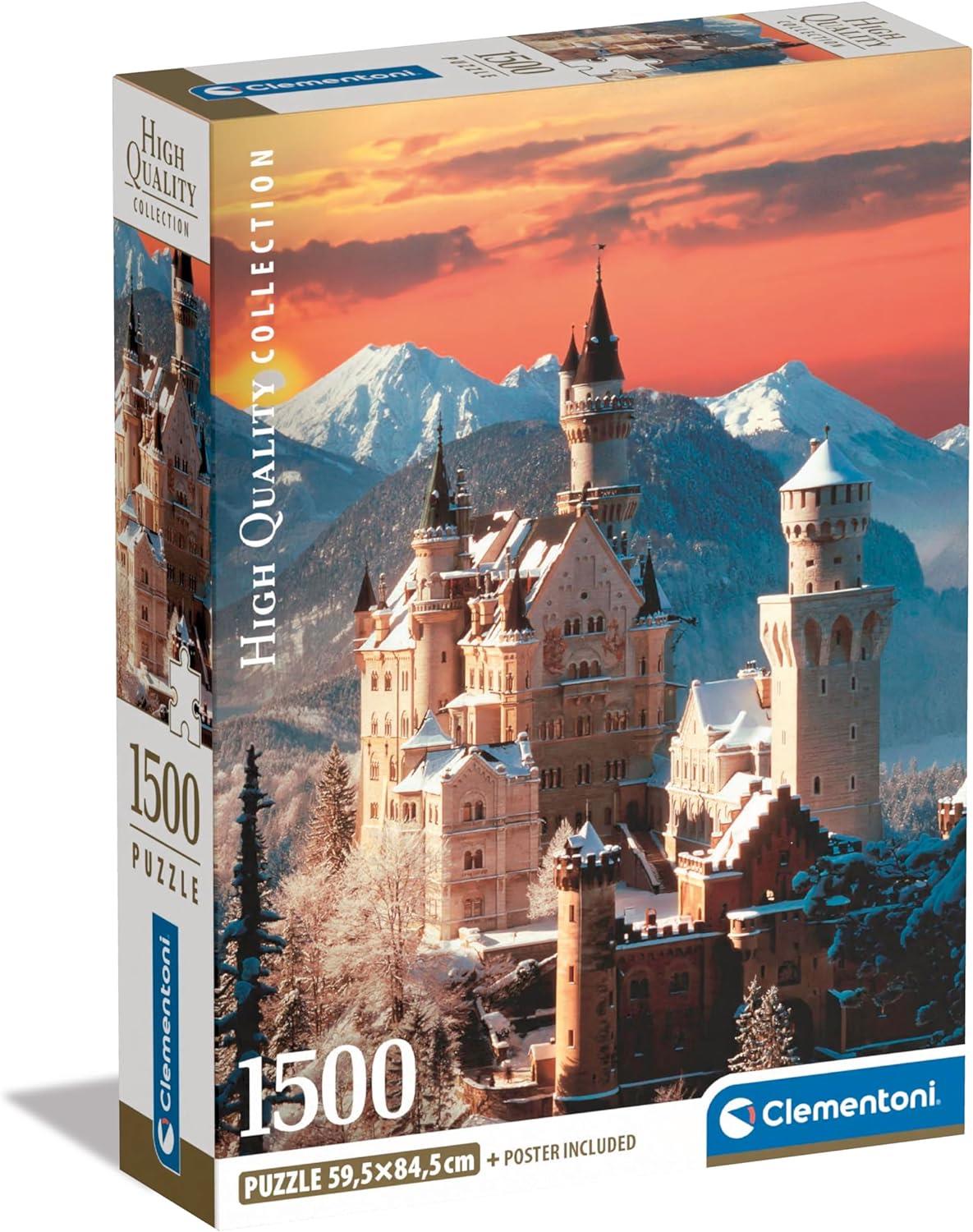 Clementoni 1500 piece High Quality puzzle box features a sunset view of snowy Neuschwanstein Castle measuring 595x845 cm and includes a poster