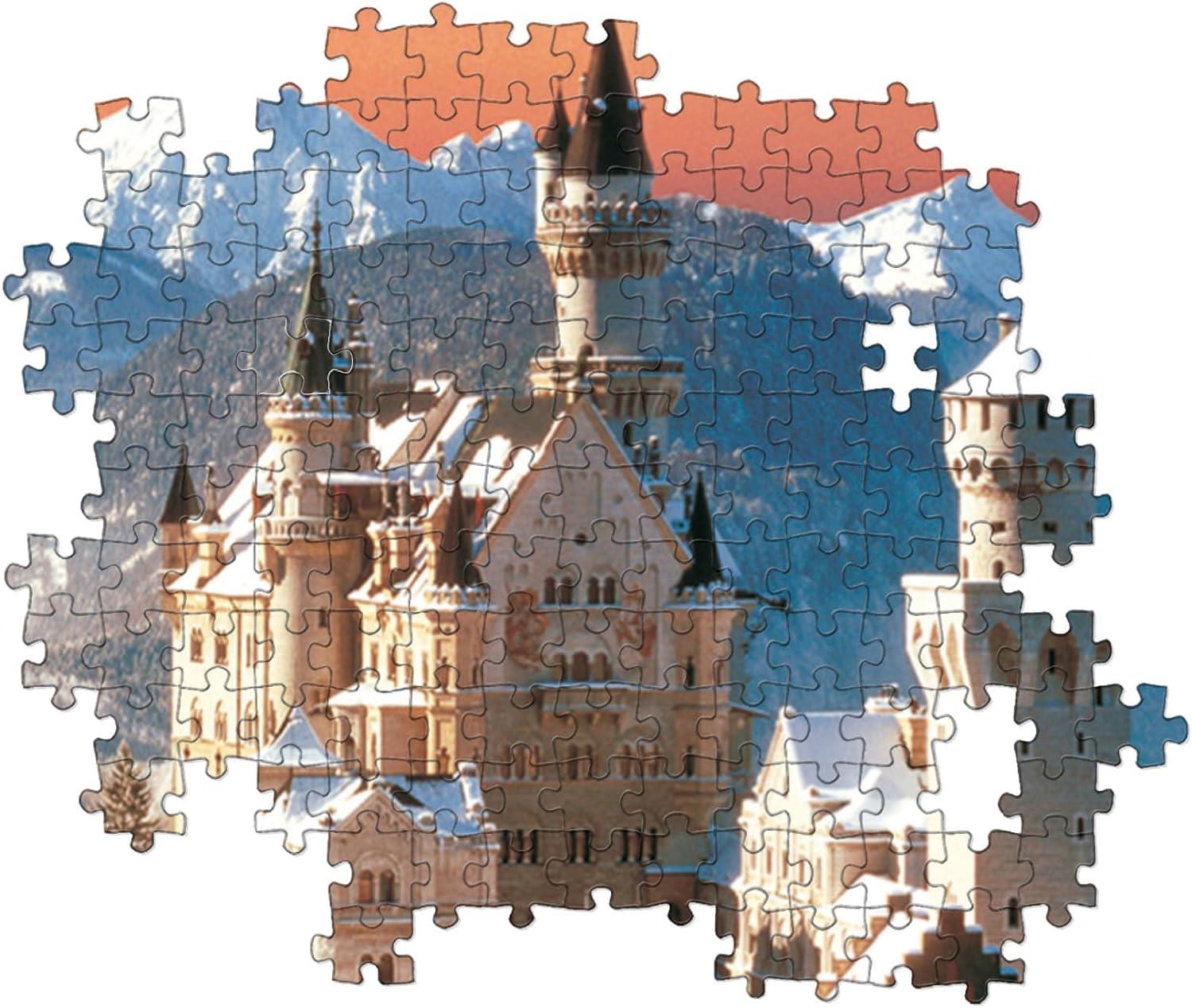 A high-quality 1500-piece jigsaw puzzle partially assembled, showcasing the majestic Neuschwanstein Castle among snowy blue mountains