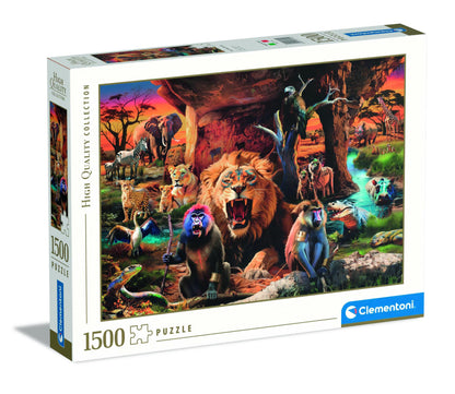 A 1500 Piece Puzzle box called The Tribal Society displaying a vibrant savanna scene with a roaring lion, baboons, elephants, zebras, and other African wildlife