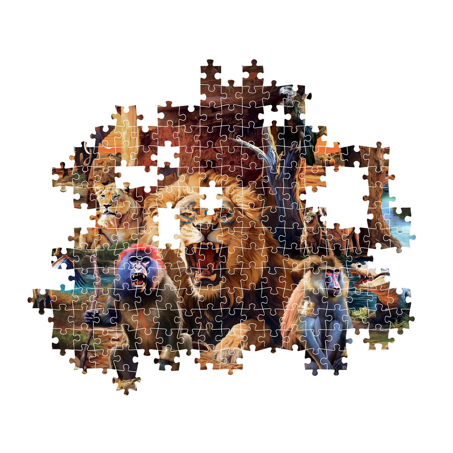 A partially completed jigsaw puzzle showing a roaring lion, lioness, two baboons, and other safari animals