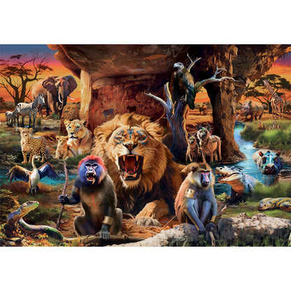 A Clementoni The Tribal Society 1500 piece puzzle image shows a roaring lion, baboons, elephants, and many other African animals in a savanna scene with rock art