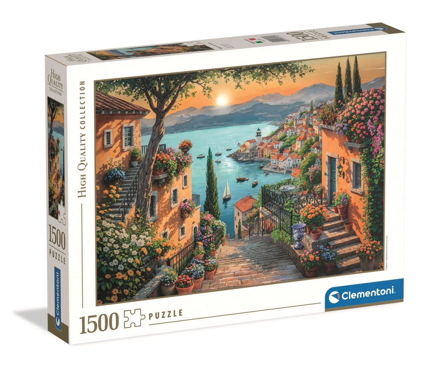 Box for the 1500 piece Clementoni Steps To The Harbour puzzle showing houses covered in flowers overlooking a sunny Mediterranean seascape