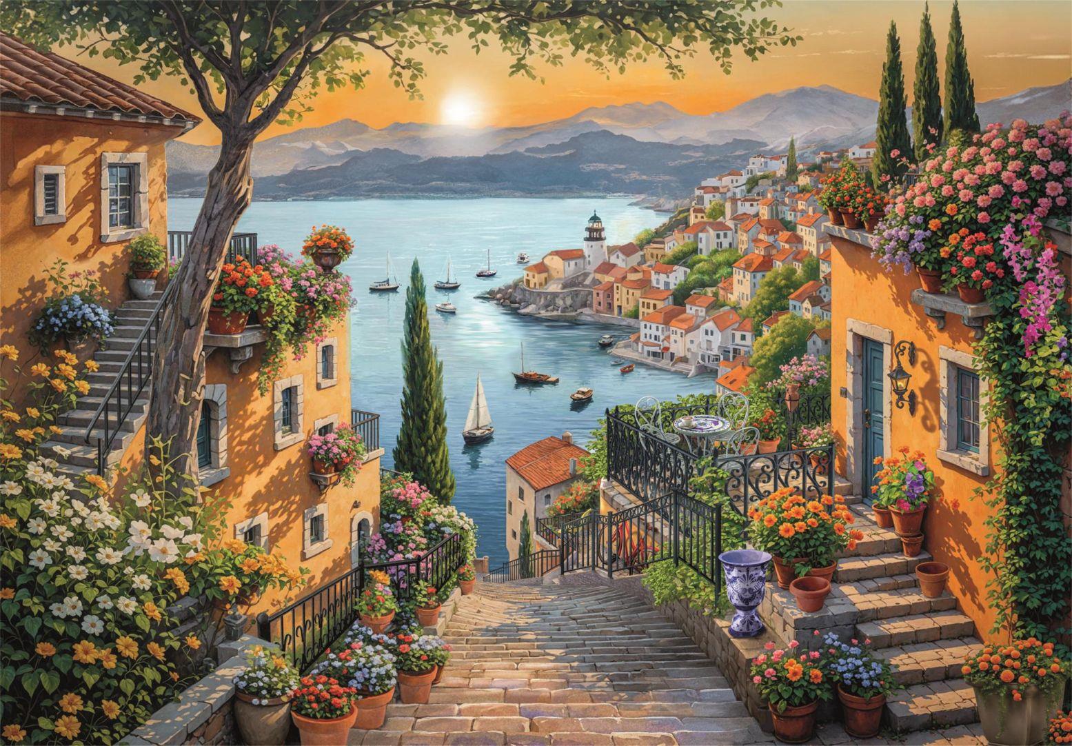 Jigsaw puzzle art depicting sun-drenched steps leading through flower-laden orange buildings down to a Mediterranean harbor at sunset