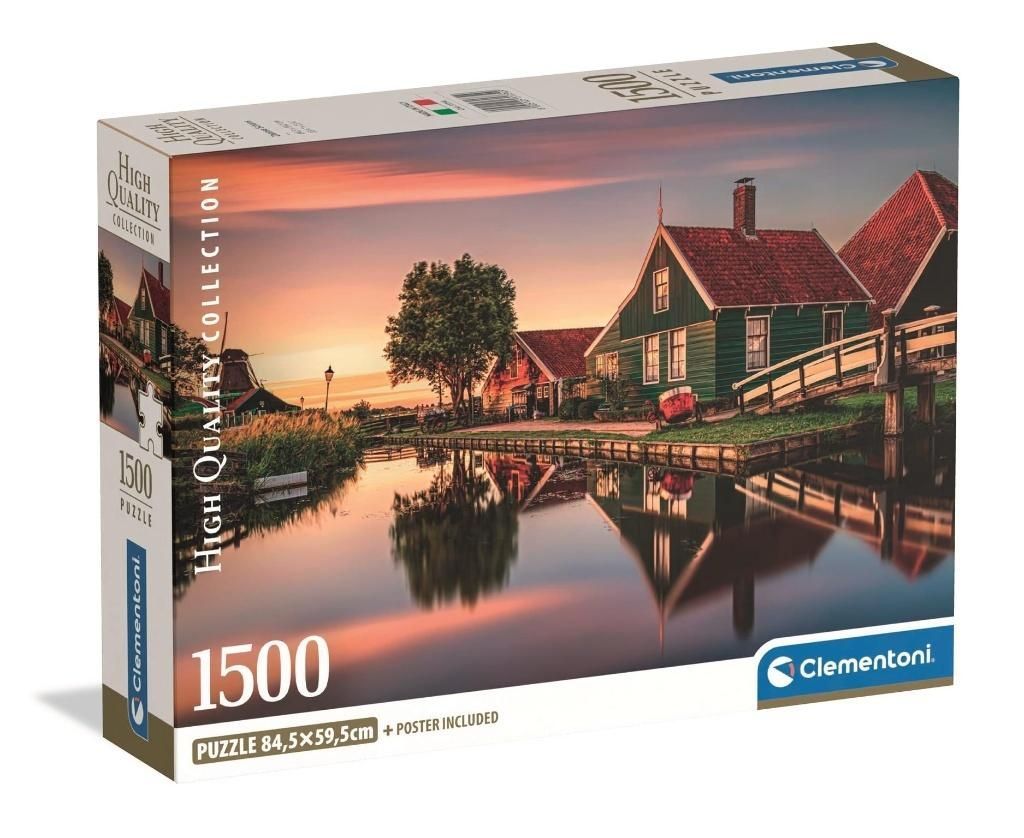 A Zaanse Schans 1500 piece puzzle box featuring green houses and a windmill reflected in a canal at sunset