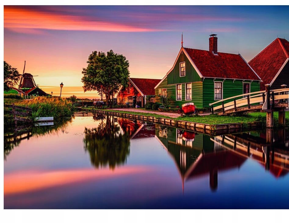 A Zaanse Schans village scene at sunset with a canal reflecting colorful skies, green houses, red roofs, and a distant windmill