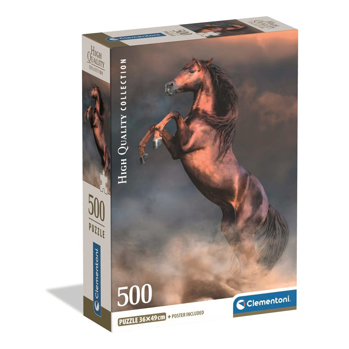The Clementoni High Quality Collection 500-piece jigsaw puzzle box displays a majestic red stallion rearing up in a cloud of dust, size 36x49cm