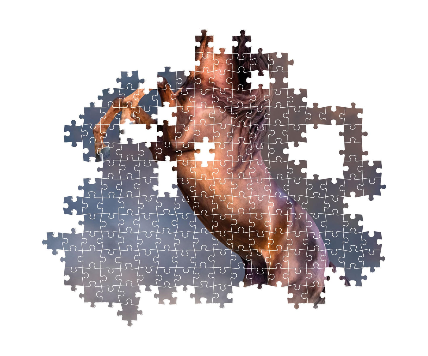 Partially assembled 500 piece jigsaw puzzle of a muscular reddish-brown stallion rearing against a dark, cloud-filled background