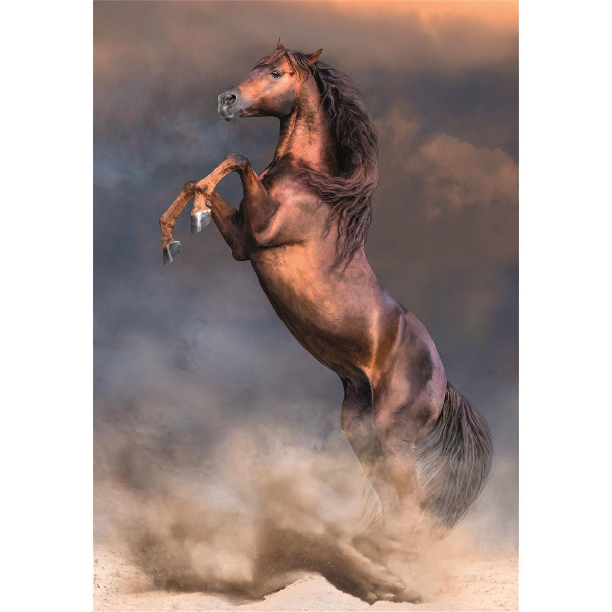 A high-quality jigsaw puzzle showing a magnificent chestnut stallion rearing powerfully against a smoky background, kicking up large clouds of sand and dirt