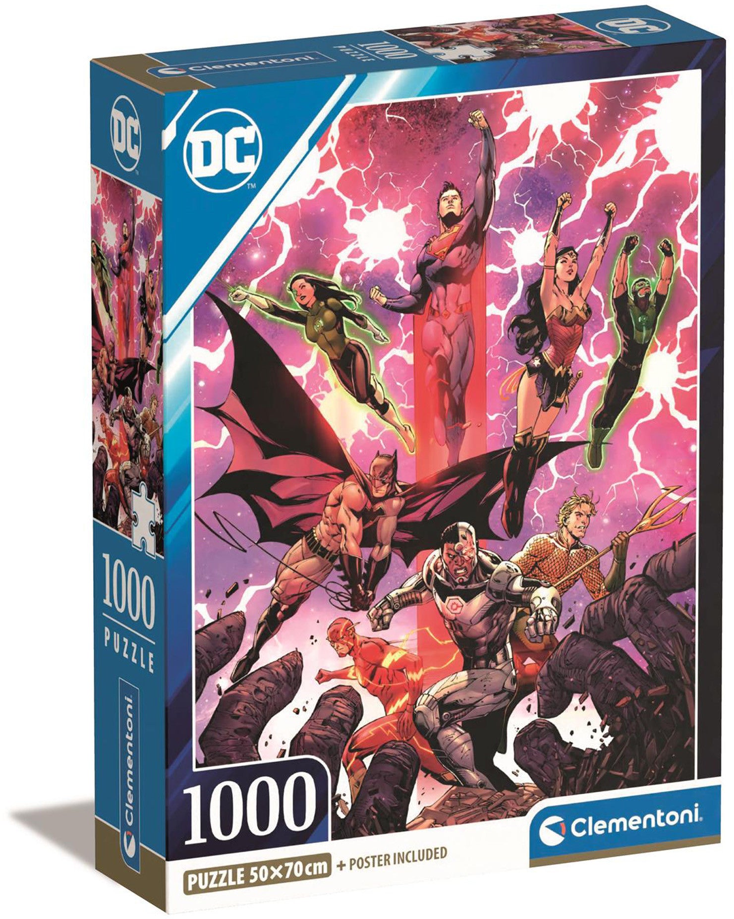 Clementoni DC Comics 1000pc Puzzle: Justice League heroes vs villains with glowing background, 50x70cm.