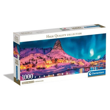 Clementoni High Quality Collection 1000-piece Panorama Puzzle featuring a stunning winter night landscape of Lofoten Islands Norway with northern lights and illuminated houses