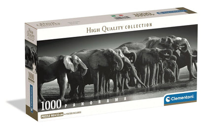 This 1000-piece Clementoni High Quality panorama puzzle box displays a black-and-white herd of elephants drinking water, with the final puzzle measuring 98 by 33 cm and including a poster