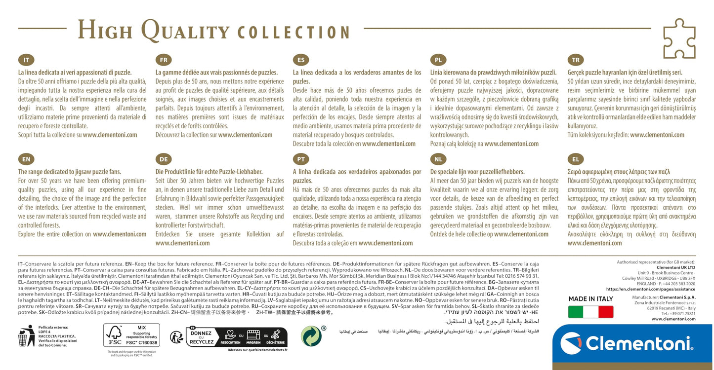 Detailed view of the Clementoni Herd Of Giants 1000 Piece jigsaw box reverse displaying high quality claims and numerous recycling certifications