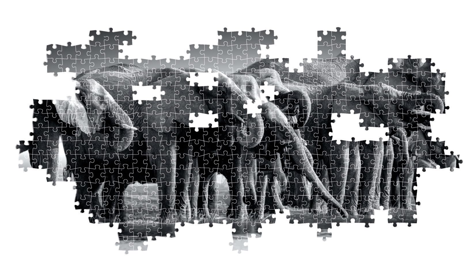 The partially constructed black and white jigsaw puzzle displays a dense grouping of elephants with trunks lowered against a plain white backdrop