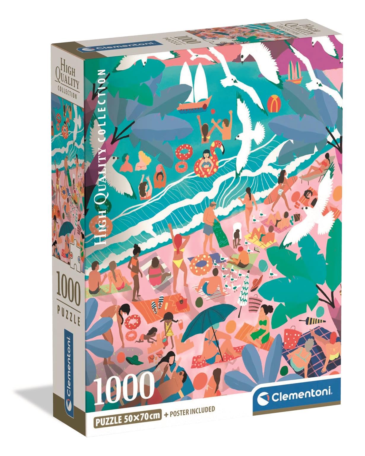 Clementoni Sunday At The Beach 1000 Piece High Quality puzzle box showing a vibrant illustration of a bustling beach with people, palm trees, and gulls