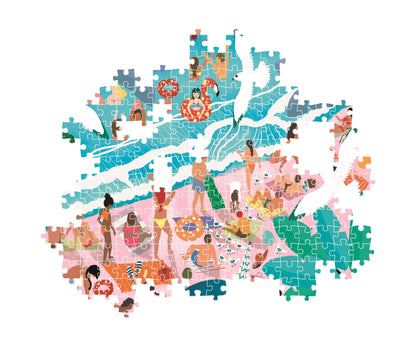 A partially completed Clementoni Sunday At The Beach 1000 Piece High Quality jigsaw puzzle showing people enjoying a sunny beach and ocean scene with flying seagulls