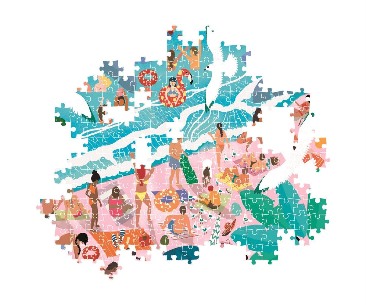 A partially completed Clementoni Sunday At The Beach 1000 Piece High Quality jigsaw puzzle showing people enjoying a sunny beach and ocean scene with flying seagulls
