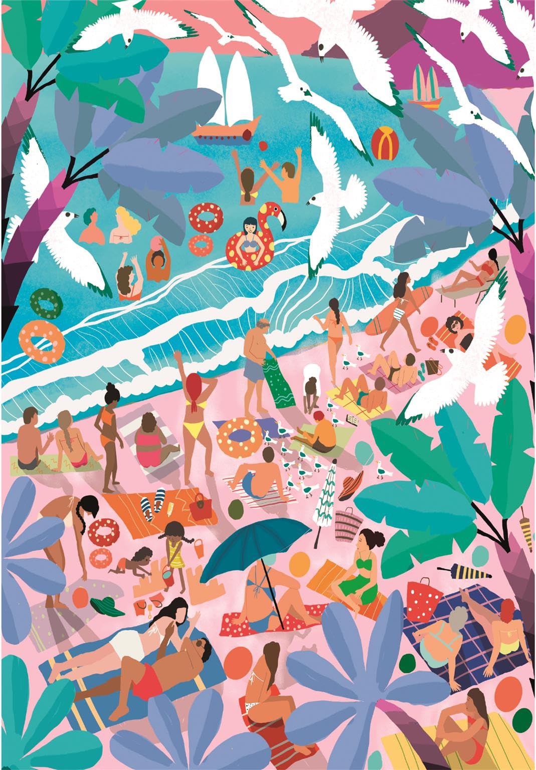 The Clementoni Sunday At The Beach illustration shows a lively, colorful beach scene with many people swimming, sunbathing, and relaxing, under flying seagulls