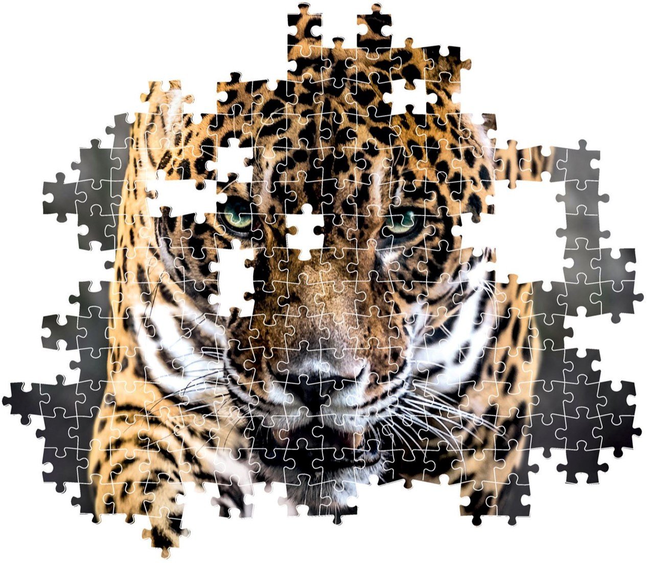 The face of a spotted jaguar with piercing green eyes is depicted by numerous partially connected jigsaw puzzle pieces floating on a white background