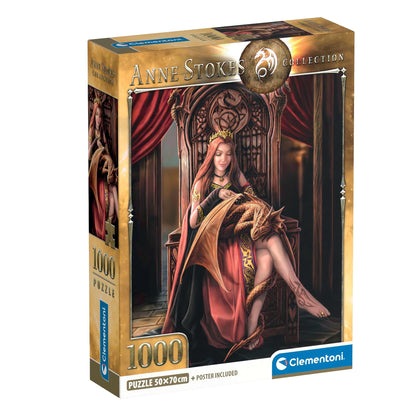 Clementoni Anne Stokes 1000 piece puzzle box featuring fantasy art of a woman on a throne petting a dragon, noting 50x70 cm size and a poster is included