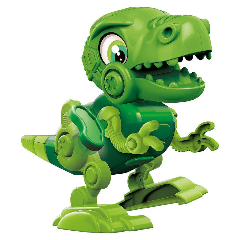 Bright green robotic dinosaur toy with dark green accents and expressive eyes