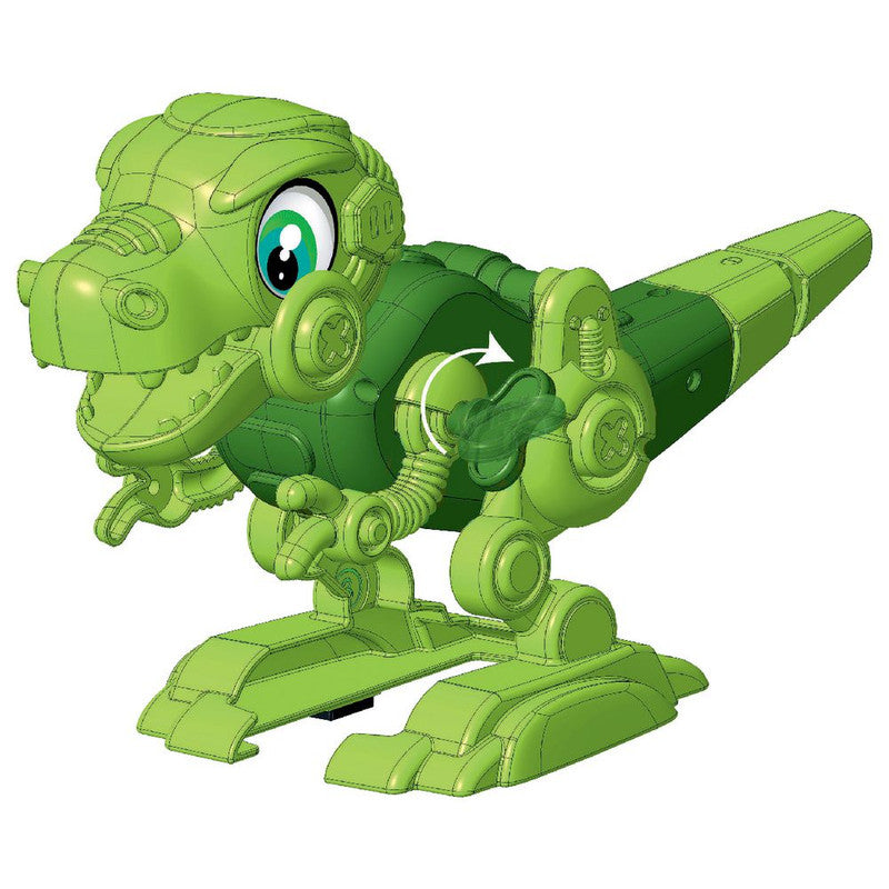 Bright green robotic dinosaur toy with articulated limbs and detailed head