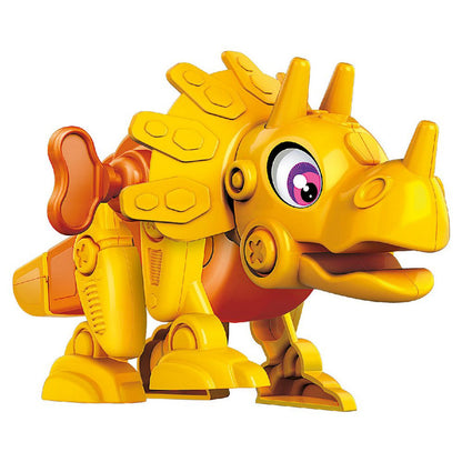Bright yellow wind-up toy Triceratop assembled view
