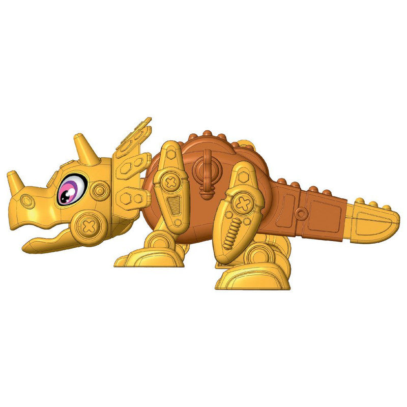 Bright yellow wind-up toy Triceratop assembled view from side