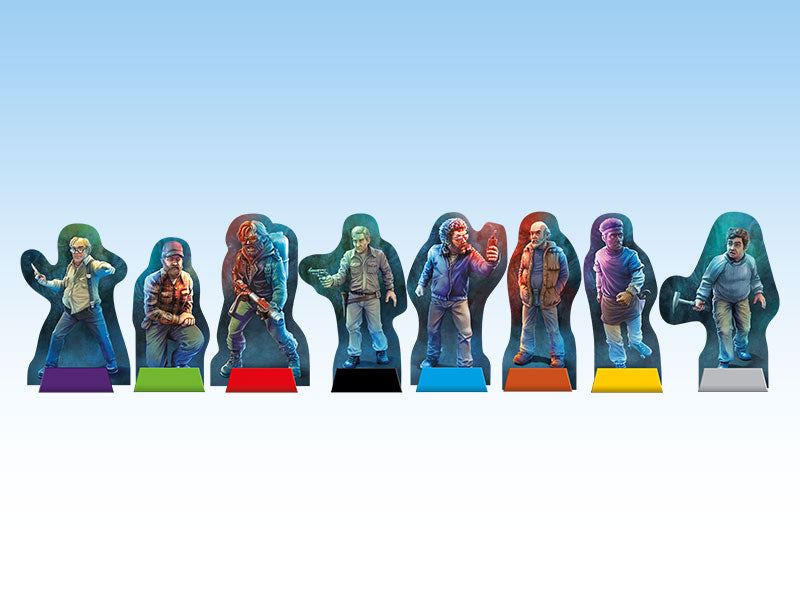 Eight colorful, stylized male character standees, each holding a different weapon or tool, on colored bases