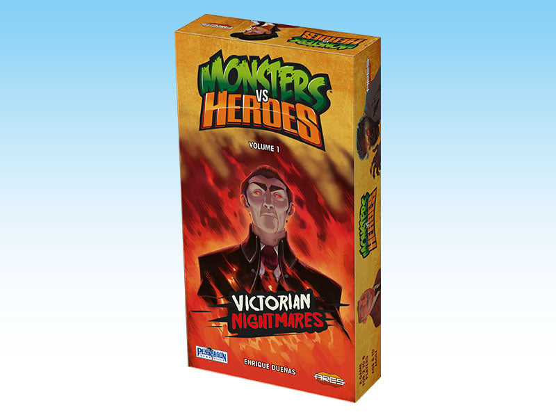 Monsters vs Heroes: Victorian Nightmares game box, features a pale man with glowing red eyes in Victorian clothing
