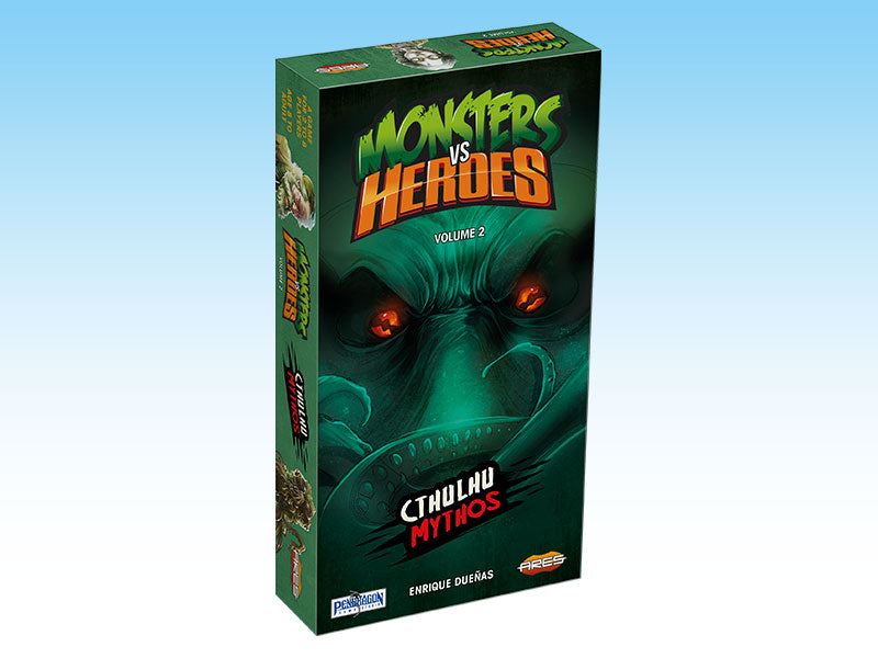 Monsters vs Heroes Vol 2: Cthulhu Mythos game box with a green, tentacled monster and glowing red eyes