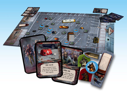 A zombie Terror board game showing a street map, character and item cards like "First Aid Kit," and zombie/dog tokens