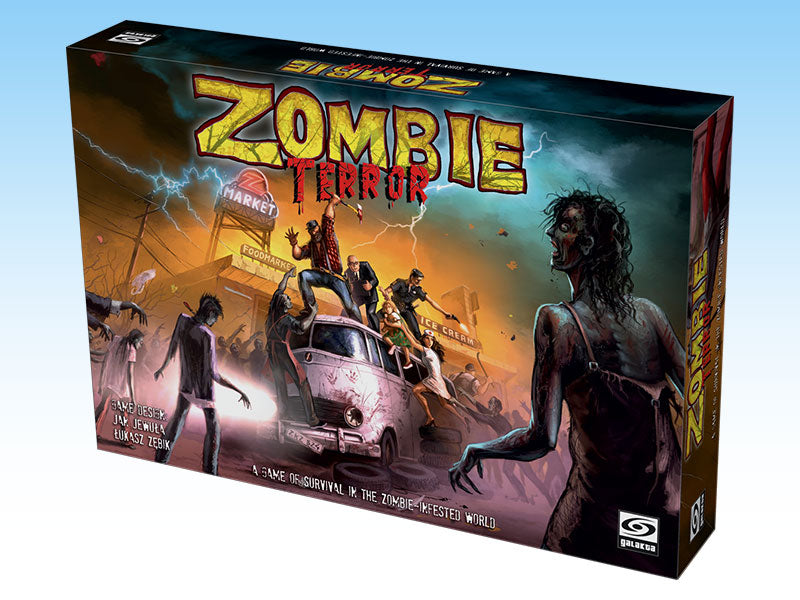 Board game box, "Zombie Terror". Survivors battle zombies on a van at a market under a lightning-filled sky